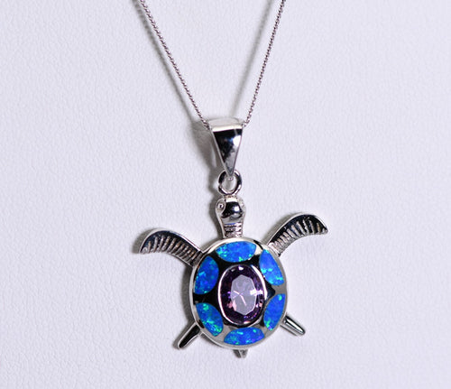 Sterling and opal turtle with purple stone necklace