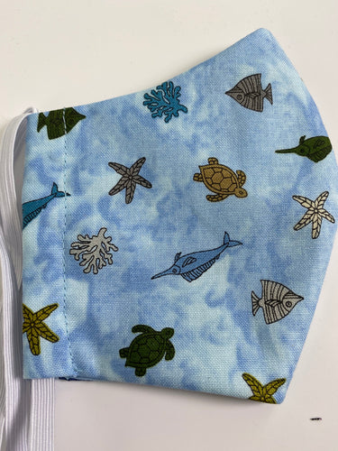 Sail Fish, turtles, starfish, coral  - light blue face mask