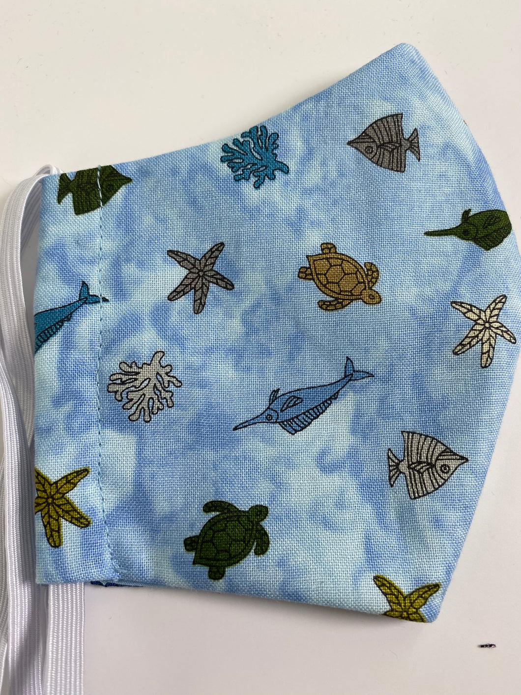 Sail Fish, turtles, starfish, coral  - light blue face mask