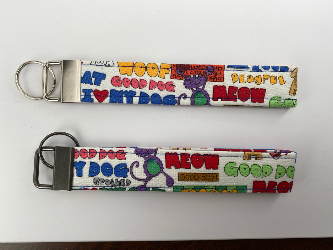 Dog and Cat words on key fob and wristlet